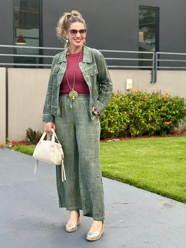Olive Linen Wide Pants