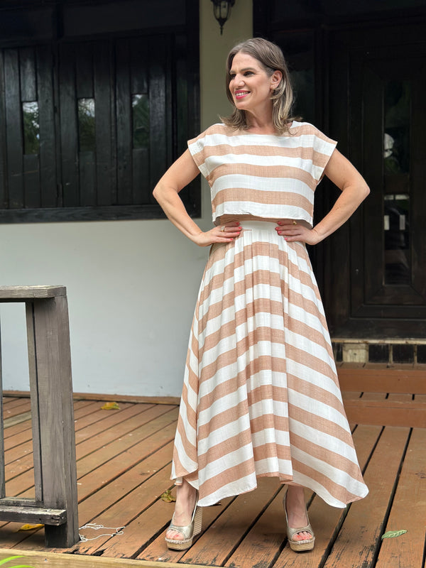 Casual Beige Stripe Maxi Skirt set