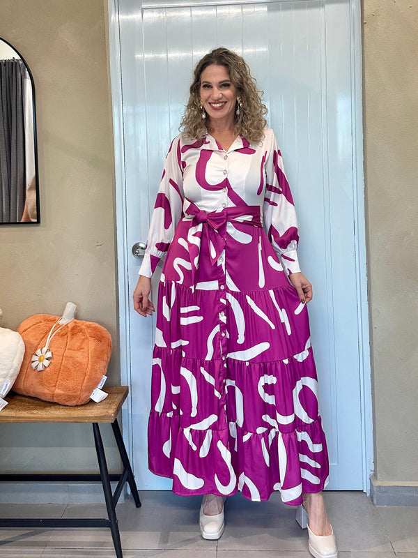Magenta Abstract Tiered Dress