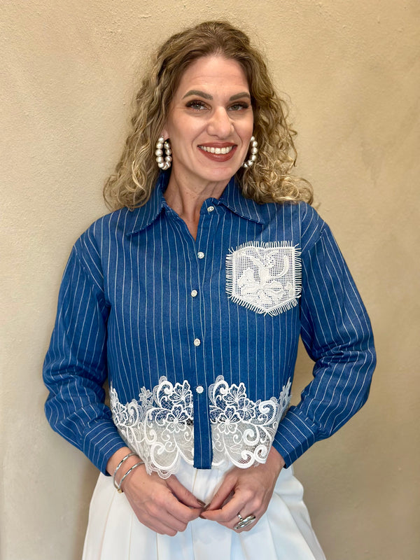 Lace Trim Striped Denim Blouse